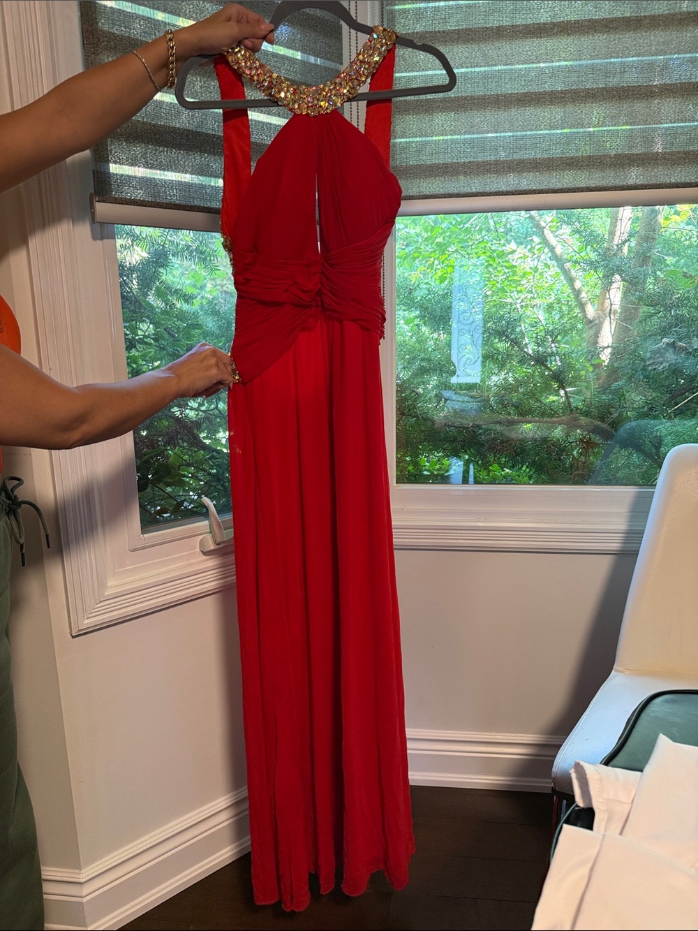 Elegant Red Evening Gown with Embellished Halter